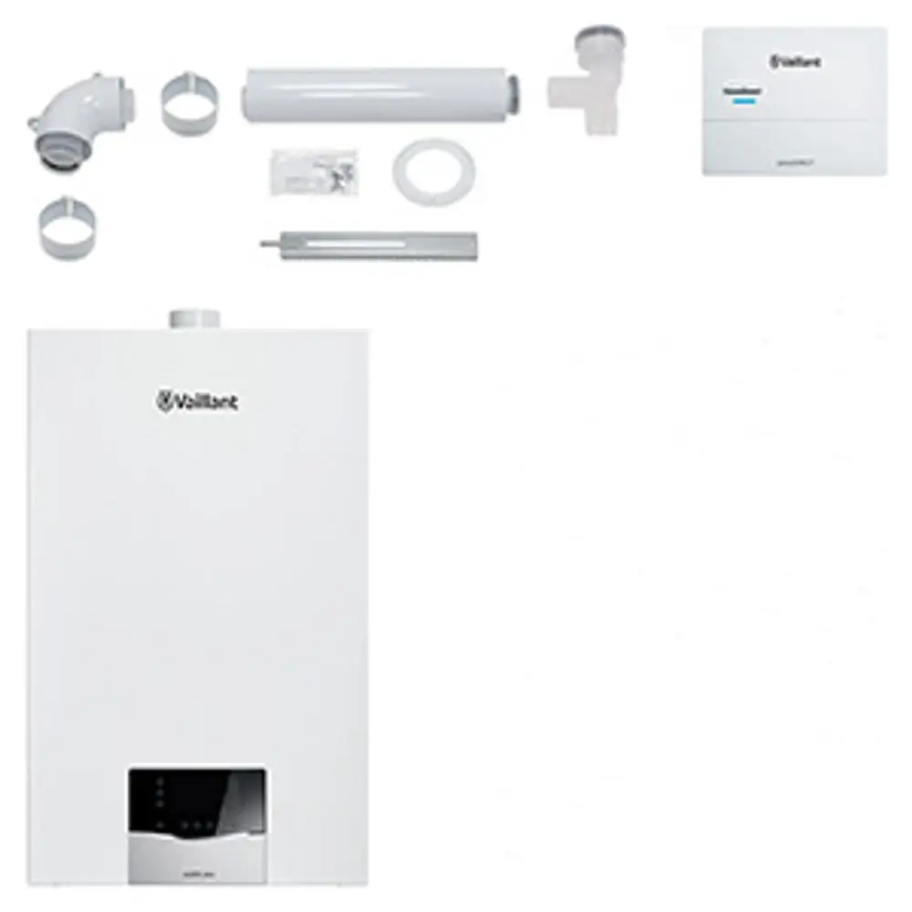 Vaillant Gas-Brennwerttherme in Weiß, ausgestattet mit Zubehörteilen wie Rohren und einem Steuergerät, für Heizung und Warmwasserbereitstellung.
